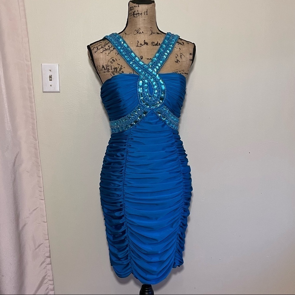 Laundry beaded blue bodycon dress 8 ruched